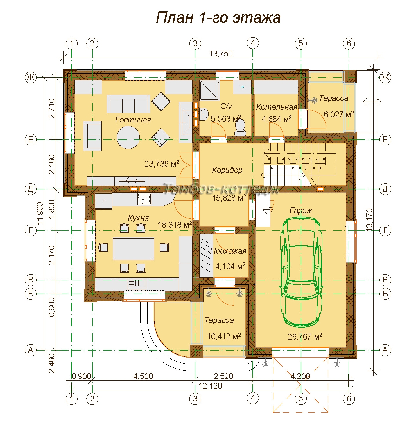 План 1 этажа Одноэтажный жилой дом с мансардой и гаражом общей площадью 195,35 м2)