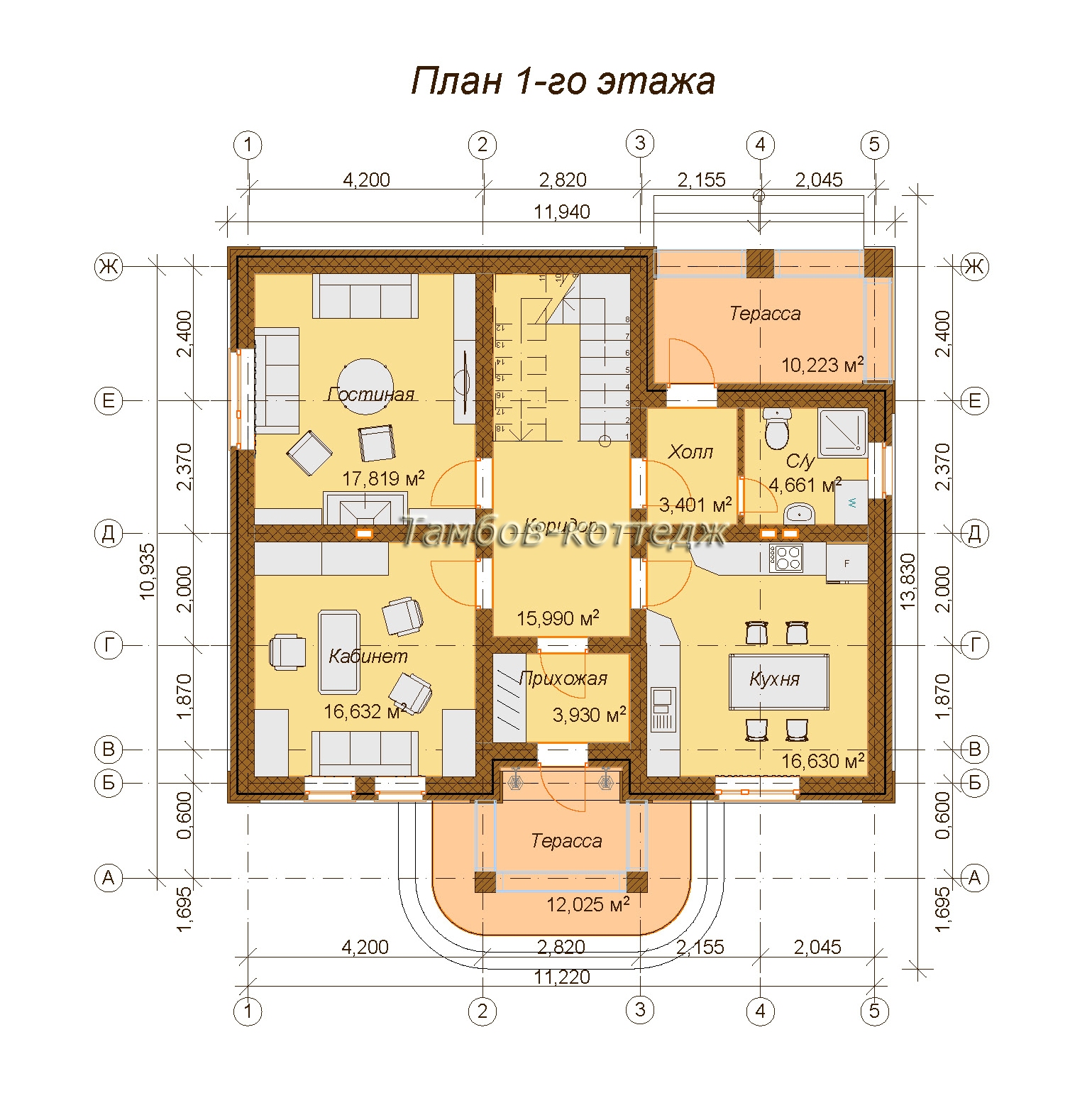План 1 этажа (Одноэтажный жилой дом с мансардой общей площадью 147,15 м2)