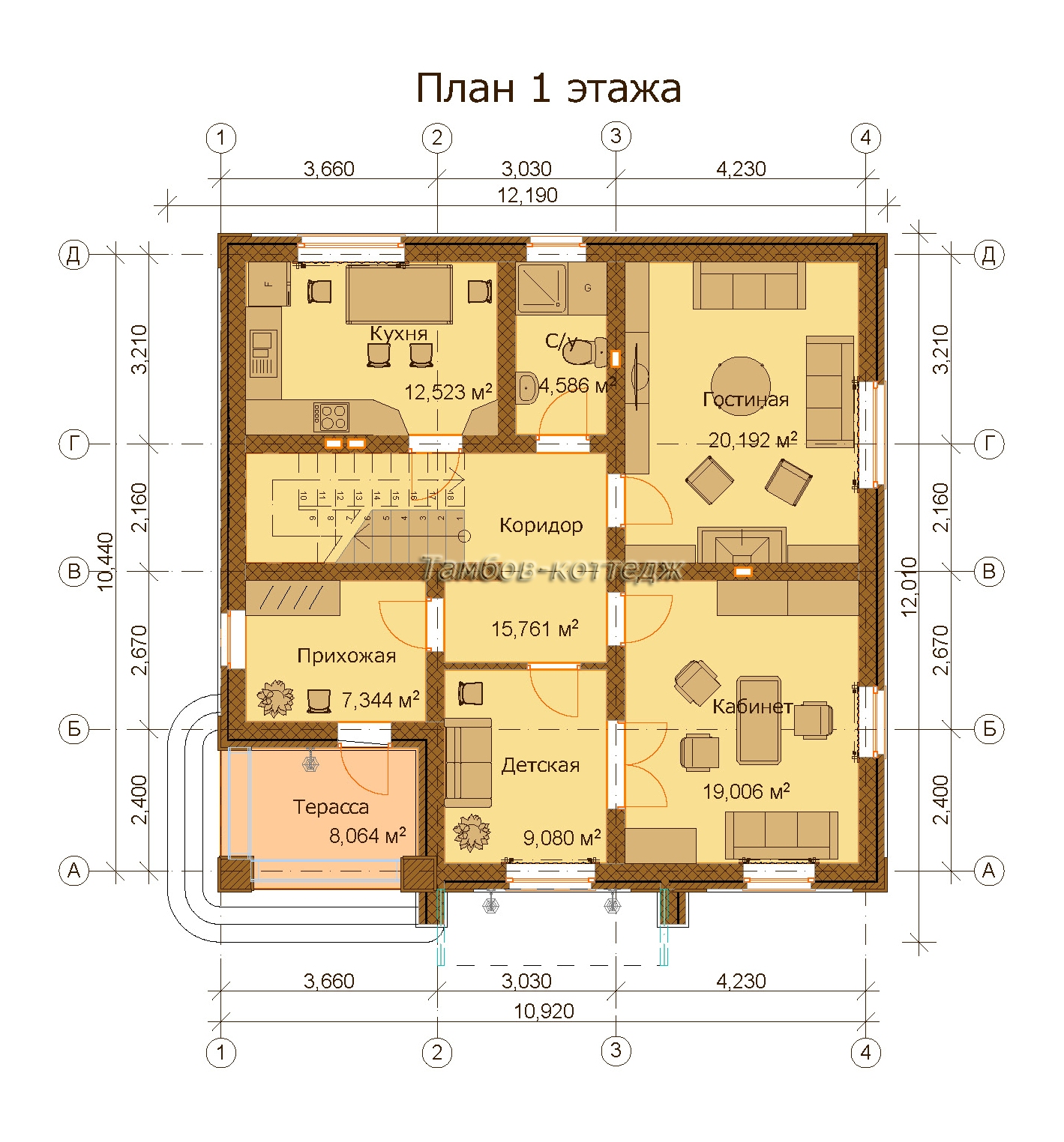 План 1-го этажа (одноэтажный жилой дом с мансардой общей площадью 164м2)