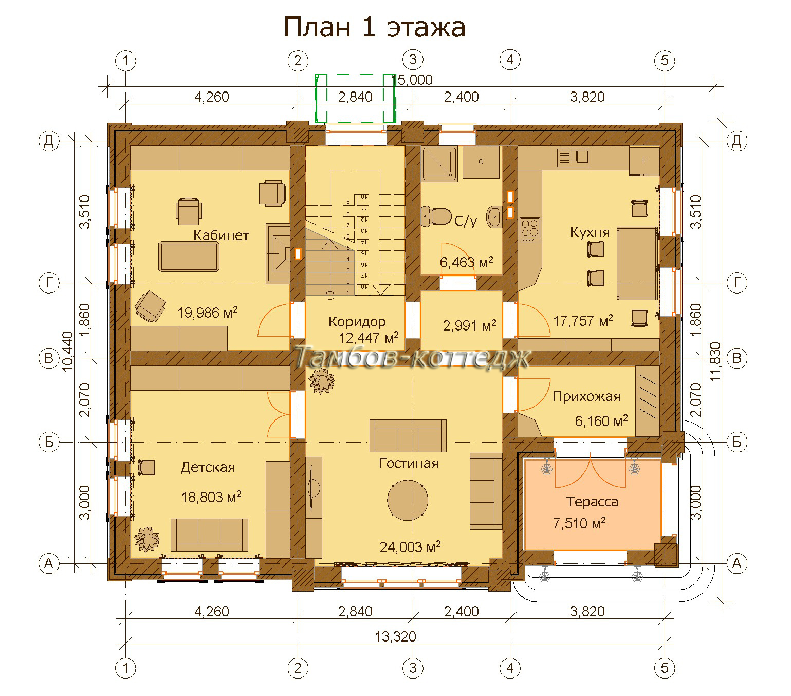 План 1-го этажа (двухэтажный жилой дом общей площадью 224 м2)