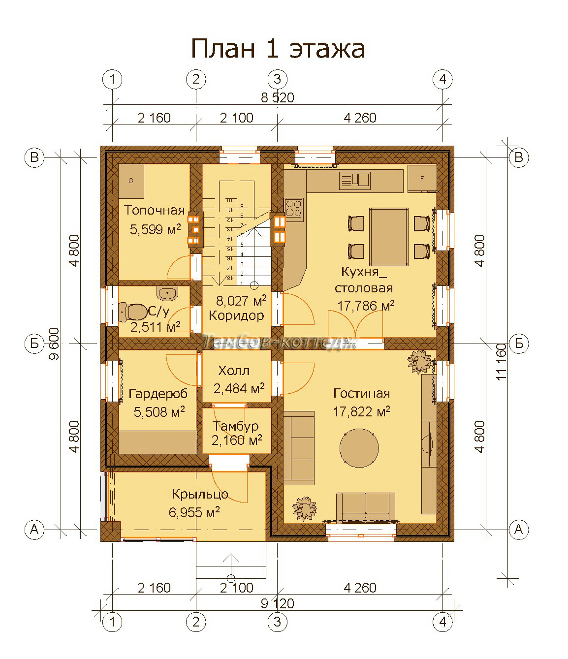 План 1-го этажа (одноэтажный жилой дом с мансардой общей площадью 132 м2)