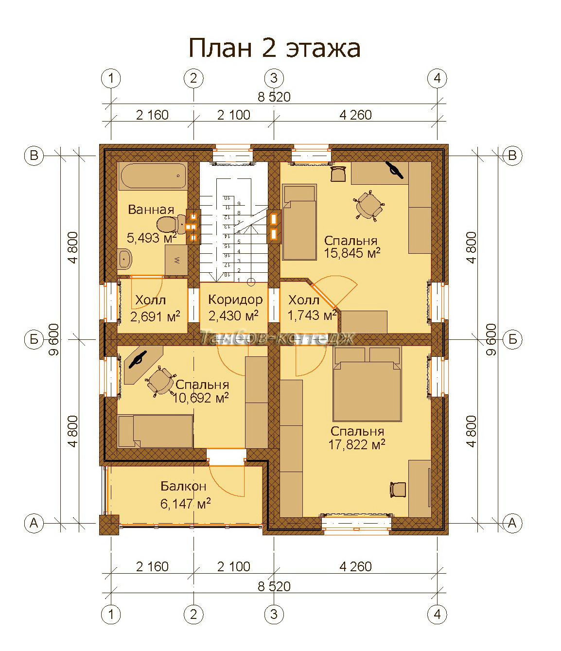 План 2-го этажа (одноэтажный жилой дом с мансардой общей площадью 132 м2)