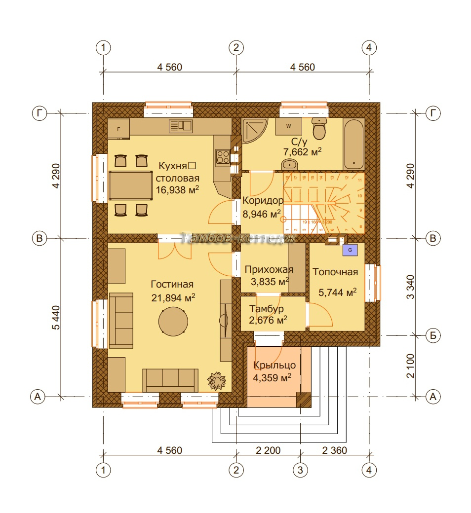 План 1-го этажа (одноэтажный жилой дом с мансардой общей площадью 131 м2)