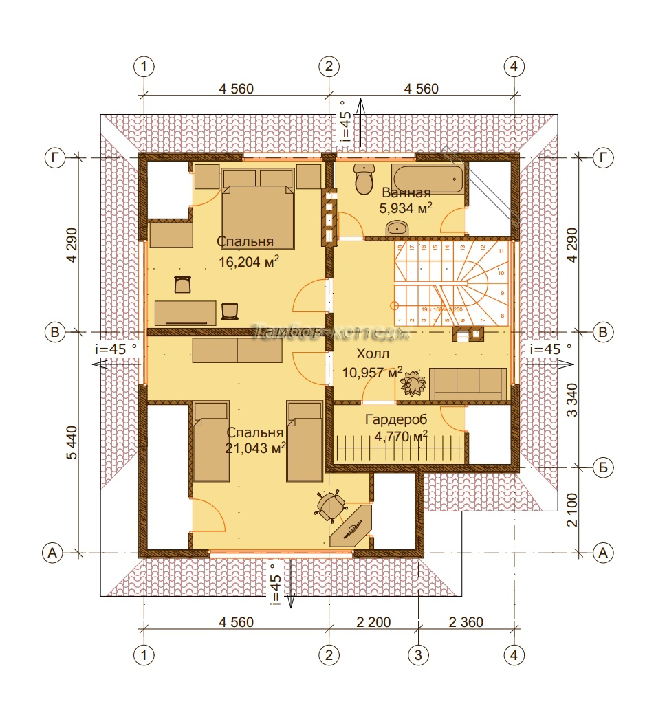 План 2-го этажа (одноэтажный жилой дом с мансардой общей площадью 131 м2)