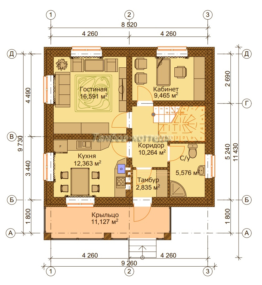 План 1-го этажа (одноэтажный жилой дом с мансардой общей площадью 119 м2)