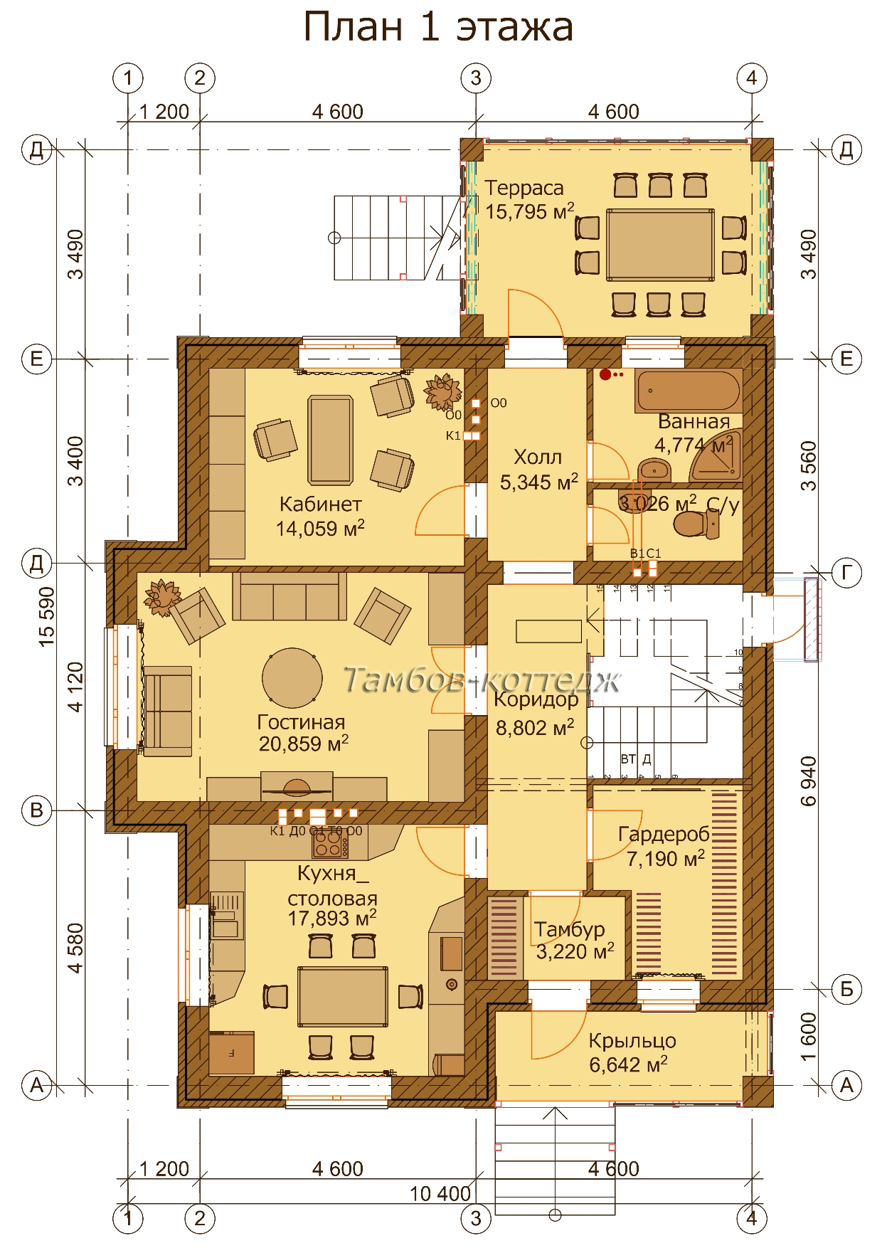 План 1-го этажа (двухэтажный жилой дом с подвалом площадью 307 м2)