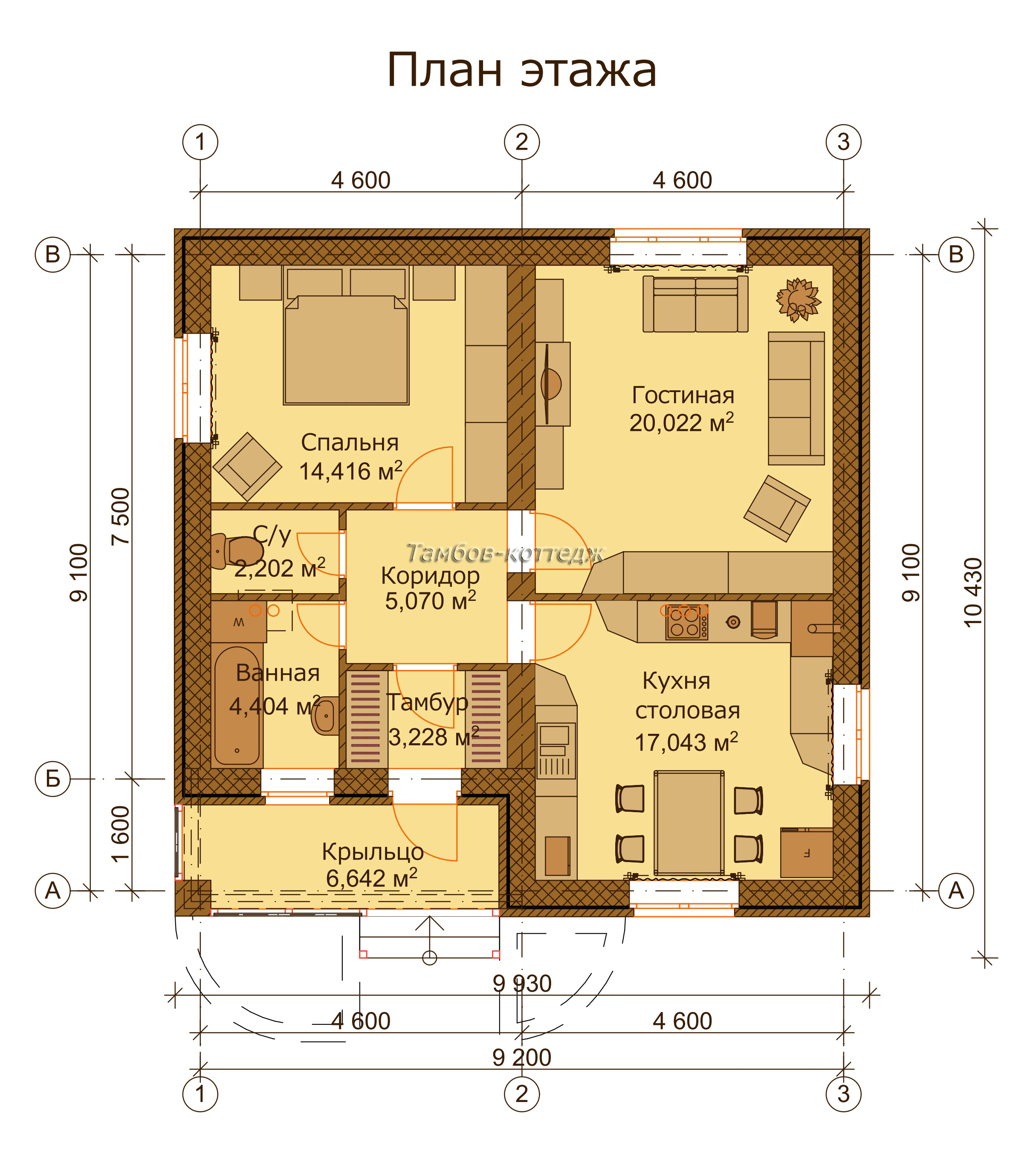 План этажа (одноэтажный жилой дом площадью 73 м2)