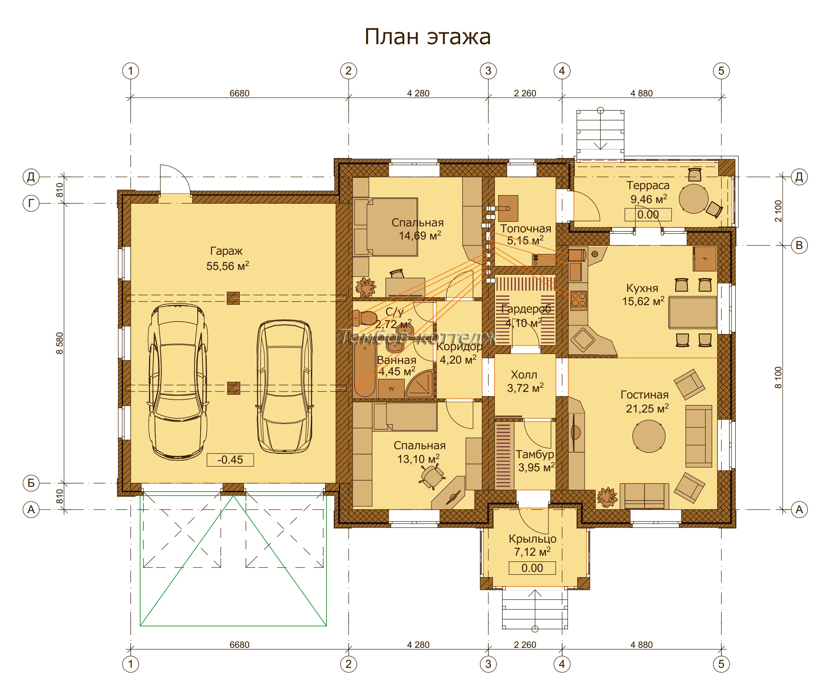 План этажа (одноэтажный жилой дом площадью 165 м2 с гаражом)