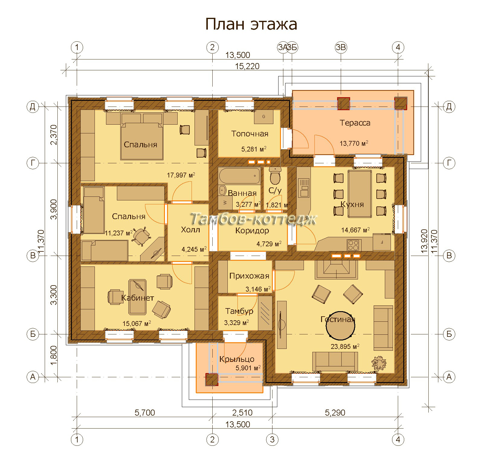 План этажа (одноэтажный жилой дом общей площадью 129 м2)