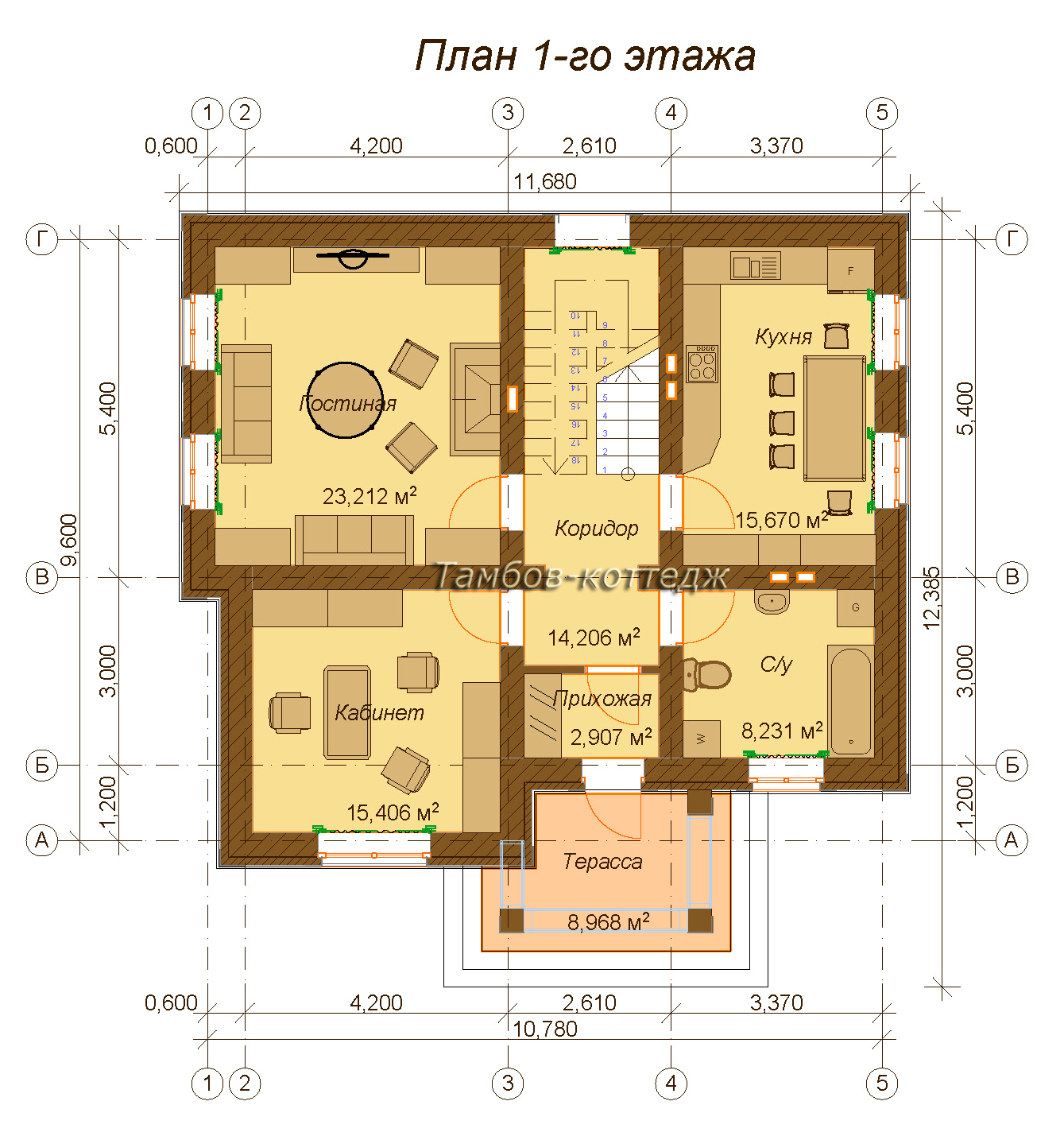 План 1-го этажа (двухэтажный жилой дом общей площадью 168 м2)