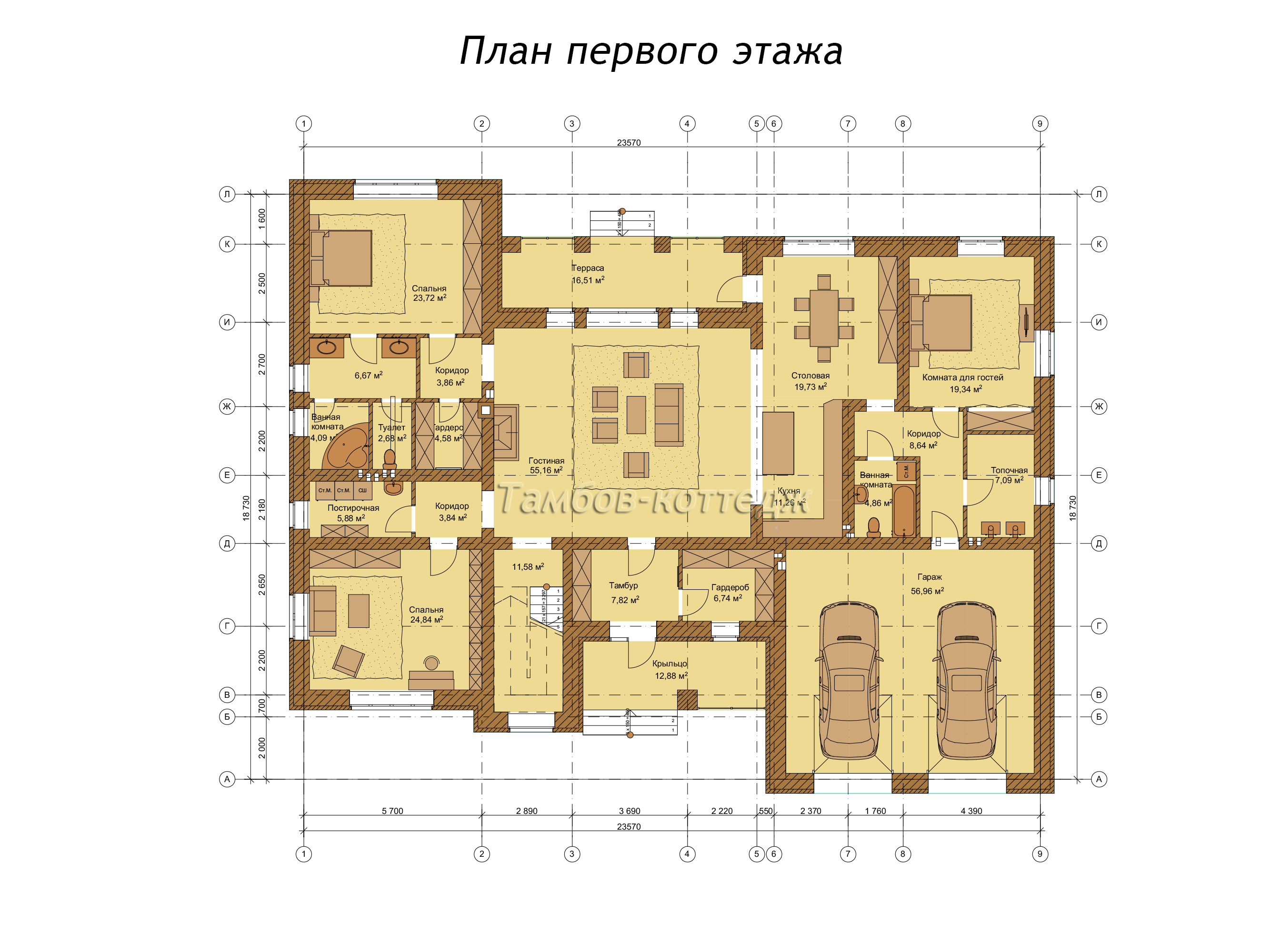 План первого этажа (Одноэтажный жилой дом с мансардой и гаражом площадью 517 м2)