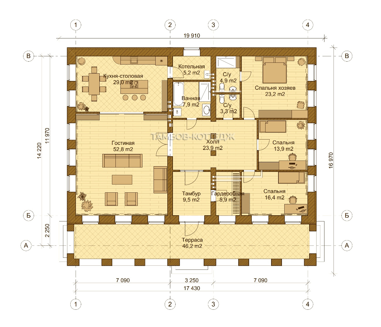 План первого этажа (Одноэтажный жилой дом площадью 246 м2)